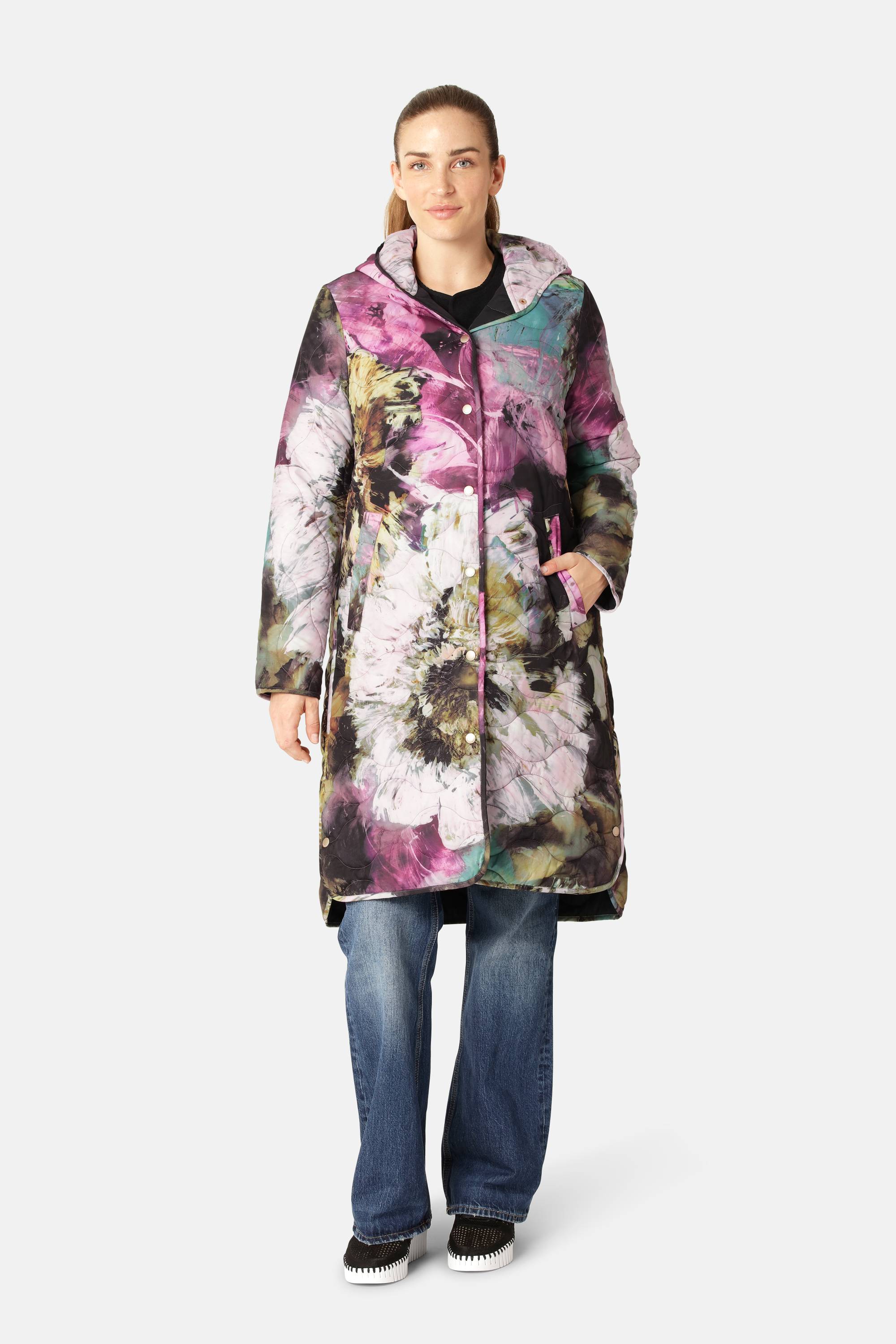 Lang Quiltet Frakke - Artistic Flower Print